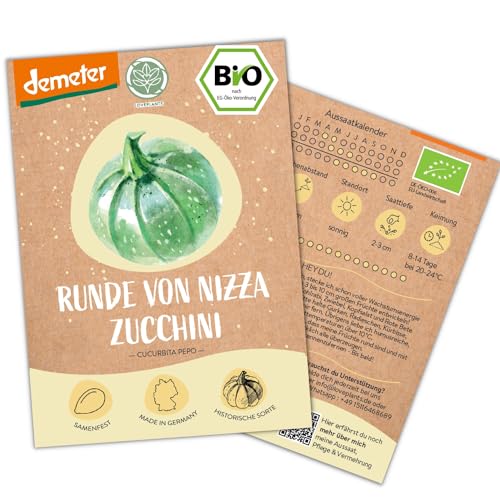 BIO Zucchini Samen, 8 Zucchinisamen, hohe Keimrate, Demeter zertifiziert & samenfest | Gemüse Saatgut von LOVEPLANTS, runde Zucchini Samen für Balkon, Garten, Hochbeet – alte Gemüsesorten von Loveplants