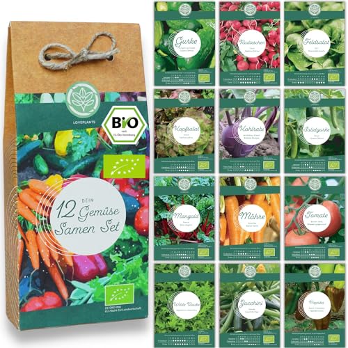 Bio Gemüse Samen Set - 12 Sorten Gemüsesamen aus biologischen Anbau, samenfestes Gemüse Saatgut, Bio Gemüsesamen Set für das Hochbeet, Garten, Balkon und Küche, 12er Pflanzensamen Set von Loveplants