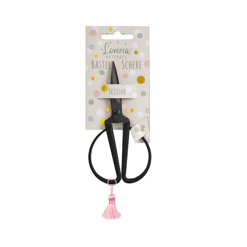 Loveria Bastelschere Schwarz | 14,5cm lang | Rostfrei, für Papier, Stoff & Garn | mit Farbiger Quaste | Retro Vintage Schere für Erwachsene & Kinder von Loveria