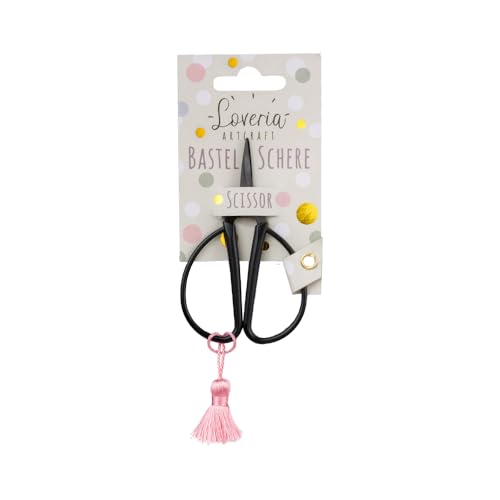 Loveria Bastelschere Schwarz, Klein | 8,5cm lang | Rostfrei | für Papier, Stoff & Garn | Farbige Quaste | Retro Vintage Schere für Erwachsene & Kinder von Loveria