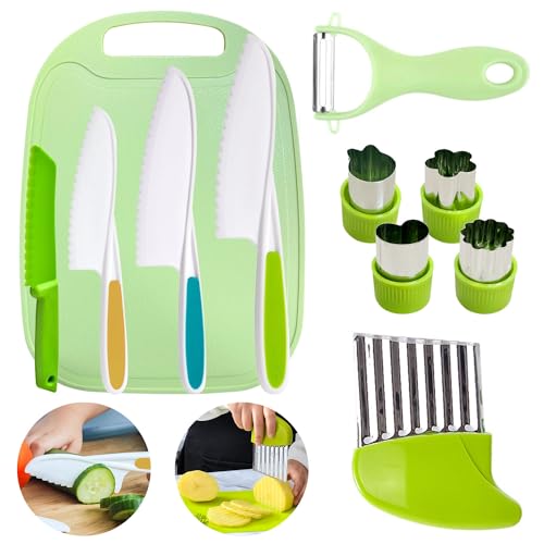 Kindermesser set, Kinder Küchenmesser mit Schneidebrett Y-Schäler Crinkle Cutter, Messerset Kinder, Küchenmesser Kinder, Messer für Kinder Geeignet zum Schneiden von Lebensmitteln Obst Gemüse (Grün) von Lovesmile