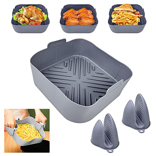 Silikonform für Heißluftfritteuse, Air Fryer Silikon, Grau Airfryer Silikonform, Heißluftfritteuse Backform mit 2 Silikonhandschuhen Geeignet für Mikrowelle Heißluftfritteuse von Lovesmile