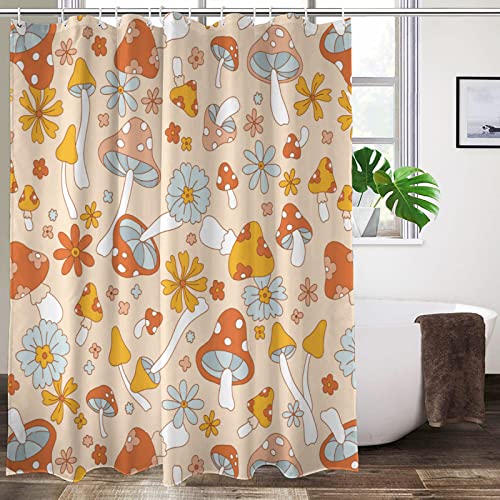 Lovetar Retro 70er 60er Jahre Hippie Pilz Duschvorhang Funky Vintage Niedlich Blumen Boho Blumen Waschbar Wasserdicht Stoff Bad Vorhänge Set für Badezimmer Dekor Kunst mit 12 Haken – 183 x 183 cm von Lovetar