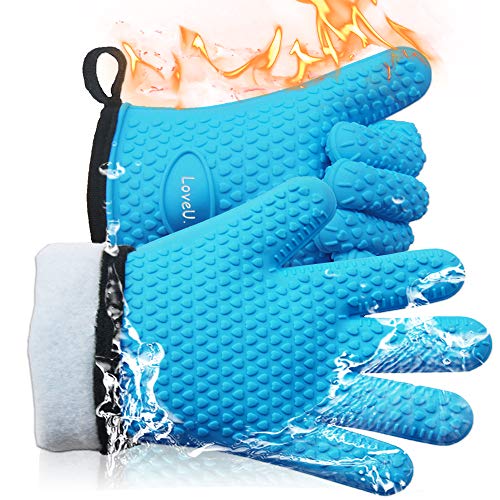 Loveuing Grillhandschuhe – Doppelschicht Backhandschuhe aus Silikon und Baumwolle - Hitzebeständige Handschuhe / Ofenhandschuhe / Kochhandschuhe / Flexible Küchenhandschuhe - Perfekt zum BBQ Backen von Loveuing
