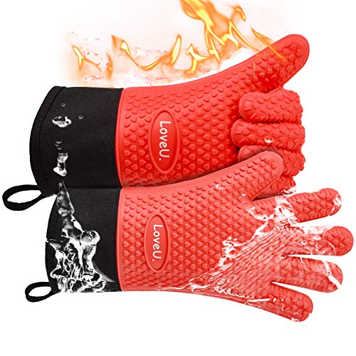 Loveuing Grillhandschuhe – Doppelschicht Backhandschuhe aus Silikon und Baumwolle - Hitzebeständige Handschuhe/Ofenhandschuhe/Kochhandschuhe/Flexible Küchenhandschuhe - Perfekt zum BBQ Backen von Loveuing
