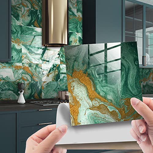 Fliesenaufkleber Marmor Grün Gold Klebefliesen Wasserfest Bad Fliesenaufkleber Küche Möbel Deko Küchenrückwand Selbstklebend Mosaikfliesen 15x15cm (10 Stück) - PVC, Matt, Klassisch, Grün, Marmor von Lovewang