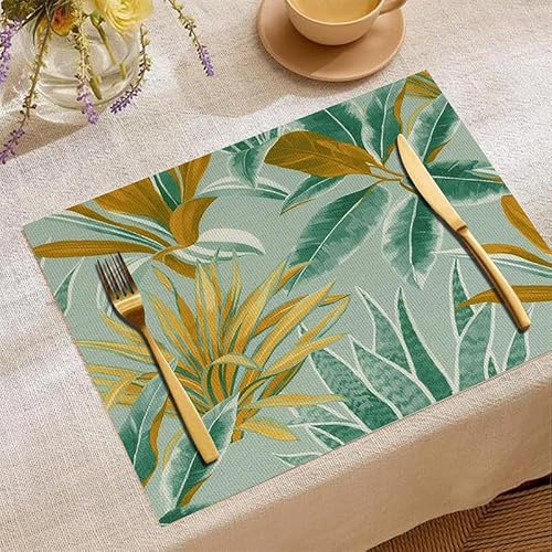 Platzsets Abwaschbar 8er Grün Gelb Tropisch Tischsets Abwaschbar Leinen Platzdeckchen Abwaschbar Tischsets Platzsets Hitzebeständig Tischunterlage Esstisch Platzdeckchen Stoff 45x30 cm von Lovewang