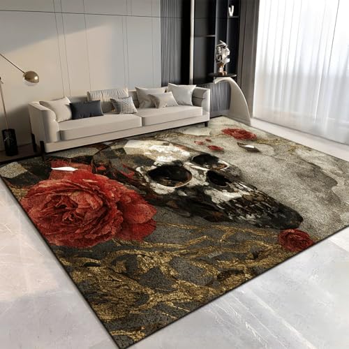 Teppich Wohnzimmer Retro Schädel Braun Tepich rutschfeste Rug Kinderzimmer Schlafzimmer Restaurant Dekoration Teppich Wohnzimmer Kurzflor Waschbare Carpet 60x110 cm von Lovewang