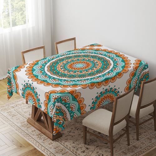 Tischdecke Geburtstag Mandala Grün Orange Tischdecke Abwaschbar Polyester Stoff Gartentischdecke Party Wasserabweisend Table Cloth Abwischbare Tischtuch Quadratisch(140x140cm) von Lovewang
