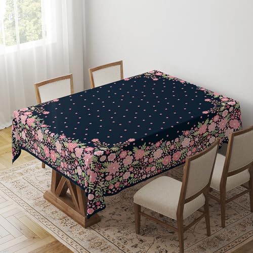 Tischdecke Geburtstag Marineblaue Blumen Tischdecke Abwaschbar Polyester Stoff Gartentischdecke Party Wasserabweisend Table Cloth Abwischbare Tischtuch Quadratisch(140x140cm) von Lovewang