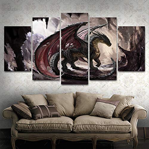 Loveygg 5 Teilig Gemälde Bilder Leinwandbild Kunstdruck Modern Wandbilder Wanddekoration Design Wand Bild Poster Mode Geschenke-Schwarzer Drache,150x80cm von Loveygg