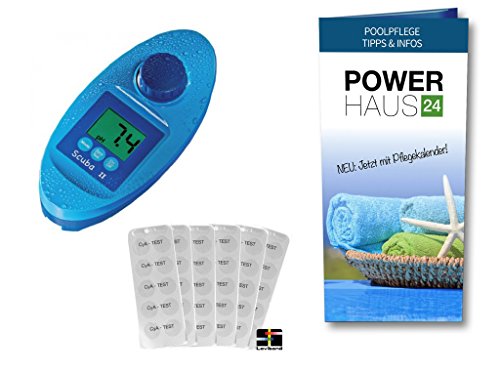 SCUBA II - Elektronischer Pooltester für Chlor und pH-Wert Messung - Messgerät für den anspruchsvollen privaten Schwimmbad- und Whirl Pool Betreiber - mit POWERHAUS24 Pflegefibel von RinTalen