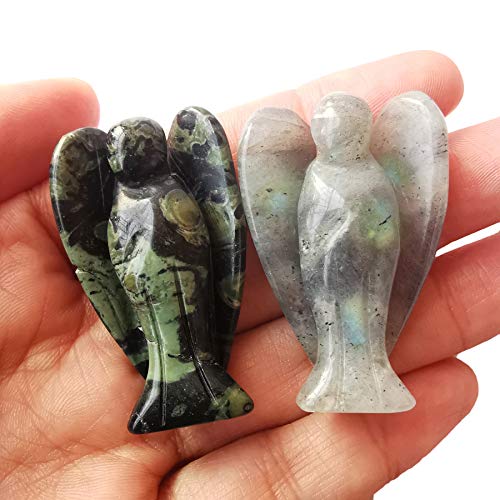 Lovionus89 Mini Kristall Engel, 2 STK Tasche Geschnitzt Edelstein Wächter Figuren Heilung Statue Zuhause Dekor 1,5 Zoll, Kambaba Jasper + Mondsteine von Lovionus89