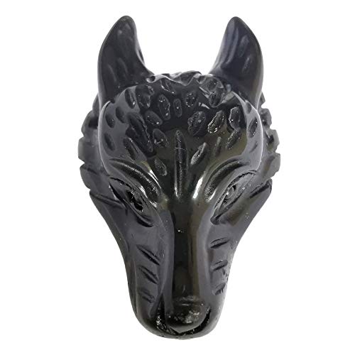 Lovionus89 Natürlich Schwarzer Obsidian Wolf Kopf Stein Statue, Mini 40mm Tier Heilung Kristall Tasche Skulptur von Lovionus89