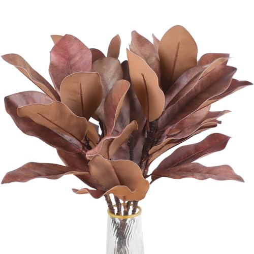 Künstliche Herbst-Magnolien-Blätter, Herbst-Magnolien-Grünpflanzen, künstliche Magnolienzweige, künstliche braune Magnolienblätter für Herbsternte, Hochzeit, Party, Tafelaufsätze, Heimdekoration, 4 von Lovmeety