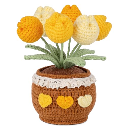 Lovmeety Gelbe Tulpen, gehäkelte Blume im Topf, handgefertigte gehäkelte Blumen, gestrickter Blumenstrauß, fertige künstliche Blume, Tulpe, Geschenk für Freundin, Frauen, Heimbüro-Dekoration von Lovmeety