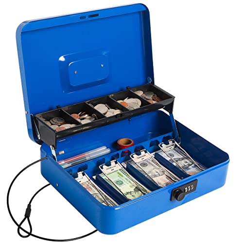 Geldkassette mit Zahlenschloss, Geldtresor für Bargeld, Schlosskasten mit Sicherheitskabel 11,8 x 9,5 x 3,54 Zoll, blau von Lovndi