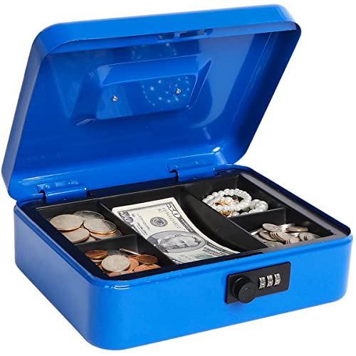 Geldkassette mit Zahlenschloss, Metall Spardose für Bargeld, Lovndi Lock Box mit Geldschale, 9,84 x 7,87 x 3,54 Zoll, Blau von Lovndi