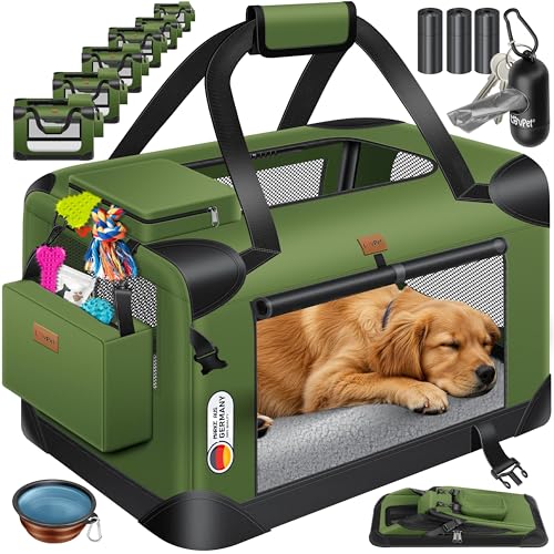 Lovpet® Transportbox Hund Katze Transporttasche L 70x52x52cm | Hunde-Tragetasche Faltbare Katzentasche | Haustier-Transportbox inkl. Hundenapf & Schultergurt | für Katzen & Hunde Khaki von Lovpet