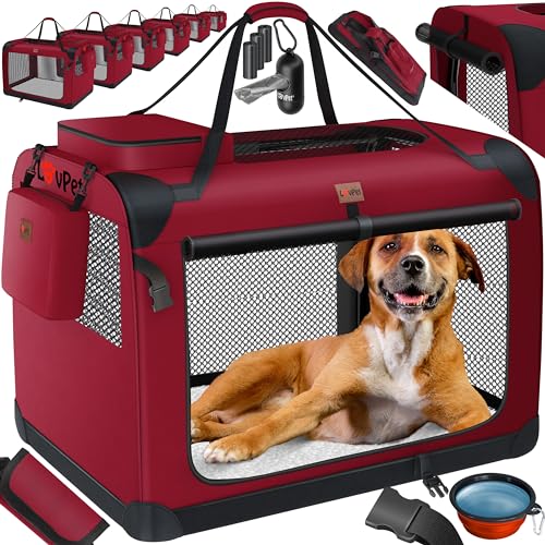 Lovpet® Transportbox Hund Katze Transporttasche M 60x42x42cm | Hunde-Tragetasche Faltbare Katzentasche | Haustier-Transportbox inkl. Hundenapf & Schultergurt | für Katzen & Hunde Bordeaux/Rot von Lovpet