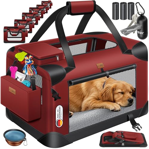 Lovpet® Transportbox Hund Katze Transporttasche XL 81,3x58,4x58,4cm | Hunde-Tragetasche Faltbare Katzentasche | Haustier-Transportbox inkl. Hundenapf & Schultergurt | für Katzen & Hunde Bordeaux/Rot von Lovpet