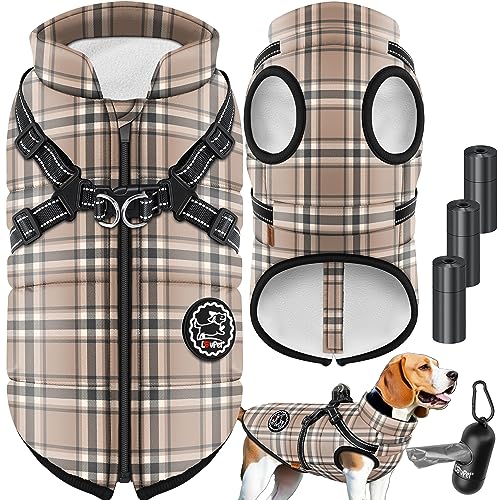 LOVPET® Hundejacke Hundemantel mit Geschirr, inkl. 45 Stück Kotbeutel + Spender, Hunde Winterweste gefüttert wasserdicht, Gepolsterte Weste Mit Brustgurt, Reflektoren, D-Ring 2XL, Beige von Lovpet