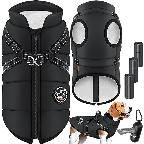 LOVPET® Hundejacke Hundemantel mit Geschirr, inkl. 45 Stück Kotbeutel + Spender, Hunde Winterweste gefüttert wasserdicht, Gepolsterte Weste Mit Brustgurt, Reflektoren, D-Ring 4XL, Schwarz von Lovpet