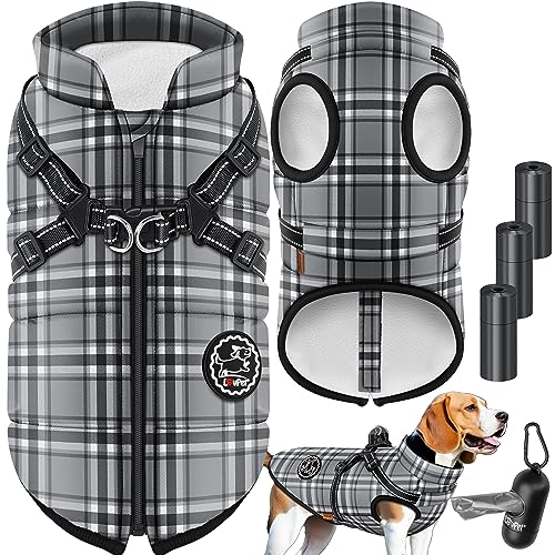 LOVPET® Hundejacke Hundemantel mit Geschirr, inkl. 45 Stück Kotbeutel + Spender, Hunde Winterweste gefüttert wasserdicht, Gepolsterte Weste Mit Brustgurt, Reflektoren, D-Ring XL, Grau von Lovpet