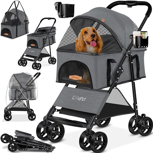 LOVPET® Hundewagen 2in1 Hundebuggy Hundebox Transporttasche Faltbar klappbar bis 20 kg Haustiere Buggy mit Netzfenstern & Regenschutzabdeckung Jogger Katzenbuggy für kleine Hunde Katzen, Anthrazit von Lovpet