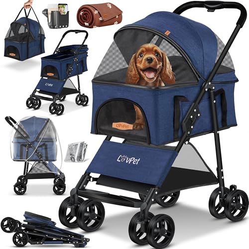 LOVPET® Hundewagen 2in1 Hundebuggy Hundebox Transporttasche Faltbar klappbar bis 20kg Haustiere Buggy mit Netzfenstern Getränkehalter, Regenschutzabdeckung Jogger Buggy für Haustiere von Lovpet