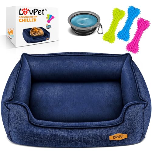 Lovpet® Hundebett Hundekissen Hundekorb Chiller, Inkl. Napf + 3X Kauknochen, Hundesofa Kissen für Kleine, Mittelgroße & Große Hunde, Bezug abnehmbar und waschbar, XL 110 x 75 x 27 cm Navyblau von Lovpet