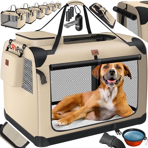 Lovpet® Transportbox Hund Katze Transporttasche L 70x52x52cm | Hunde-Tragetasche Faltbare Katzentasche | Haustier-Transportbox inkl. Hundenapf & Schultergurt | für Katzen & Hunde Beige von Lovpet