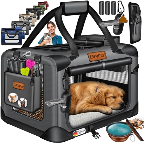 LOVPET® Transportbox Hund Katze Transporttasche M 60x42x44cm | Hunde-Tragetasche Faltbare Katzentasche | Haustier-Transportbox inkl. Hundenapf & Schultergurt | für Katzen & Hunde Anthrazit von Lovpet