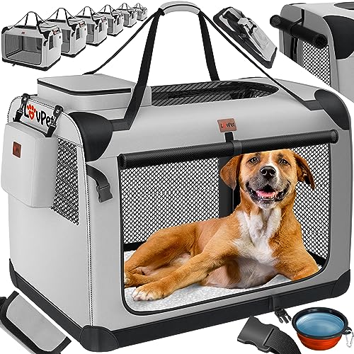 Lovpet® Transportbox Hund Katze Transporttasche S 49,5x34,5x35cm | Hunde-Tragetasche Faltbare Katzentasche | Haustier-Transportbox inkl. Hundenapf & Schultergurt | für Katzen & Hunde Hellgrau von Lovpet