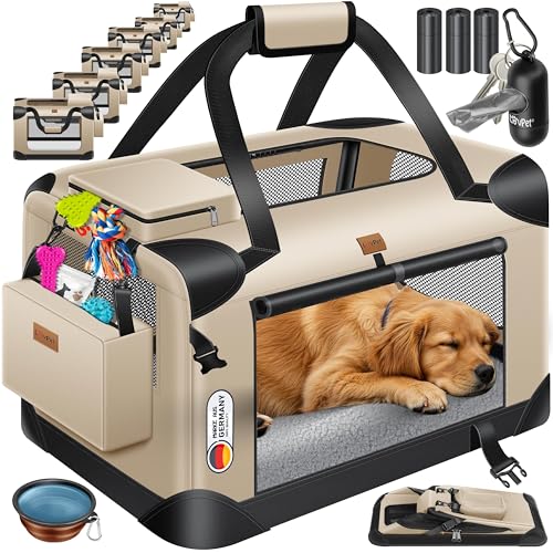 Lovpet® Transportbox Hund Katze Transporttasche XXL 91,4x63,5x63,5cm | Hunde-Tragetasche Faltbare Katzentasche | Haustier-Transportbox inkl. Hundenapf & Schultergurt | für Katzen & Hunde Beige von Lovpet