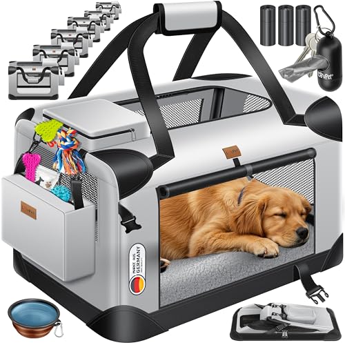 Lovpet® Transportbox Hund Katze Transporttasche XXL 91,4x63,5x63,5cm | Hunde-Tragetasche Faltbare Katzentasche | Haustier-Transportbox inkl. Hundenapf & Schultergurt | für Katzen & Hunde Hellgrau von Lovpet