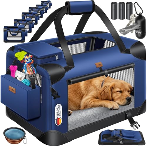Lovpet® Transportbox Hund Katze Transporttasche XXXL 102x69x69cm | Hunde-Tragetasche Faltbare Katzentasche | Haustier-Transportbox inkl. Hundenapf & Schultergurt | für Katzen & Hunde Navyblau von Lovpet