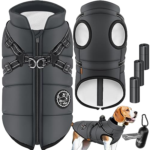 LOVPET® Hundejacke Hundemantel mit Geschirr, inkl. 45 Stück Kotbeutel + Spender, Hunde Winterweste gefüttert wasserdicht, Gepolsterte Weste Mit Brustgurt, Reflektoren, D-Ring 2XL, Anthrazit von Lovpet