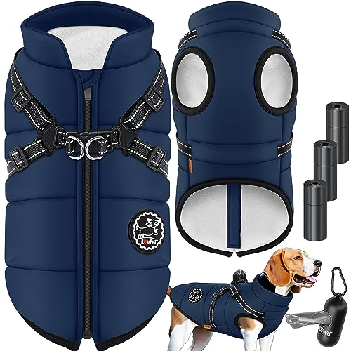 Lovpet® Hundejacke Hundemantel mit Geschirr, inkl. 45 Stück Kotbeutel + Spender, Hunde Winterweste gefüttert wasserdicht, Gepolsterte Weste Mit Brustgurt, Reflektoren, D-Ring 3XL, Navyblau von Lovpet