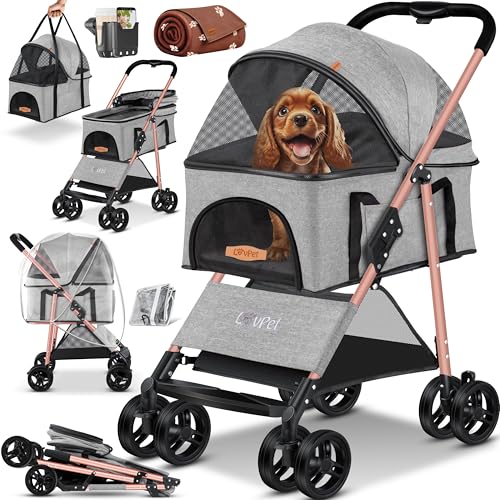 LOVPET® Hundewagen 2in1 Hundebuggy Hundebox Transporttasche Faltbar klappbar bis 20 kg Haustiere Buggy mit Netzfenstern Getränkehalter & Regenschutzabdeckung Jogger Katzenbuggy Hunde Katzen Hellgrau von Lovpet