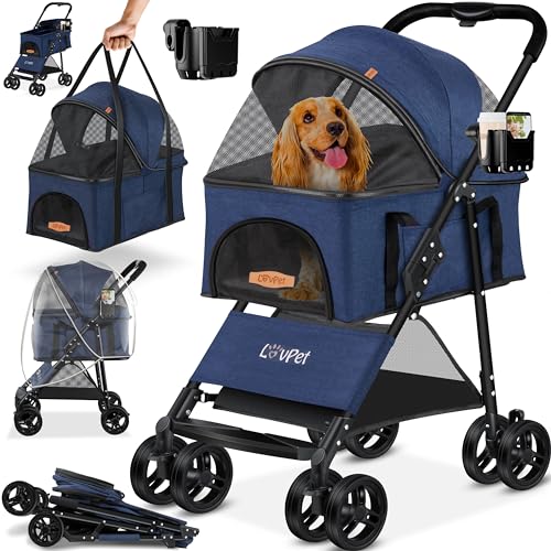 LOVPET® Hundewagen 2in1 Hundebuggy Hundebox Transporttasche Faltbar klappbar bis 20 kg Haustiere Buggy mit Netzfenstern Getränkehalter & Regenschutzabdeckung Jogger Katzenbuggy für Hunde Katzen Blau von Lovpet