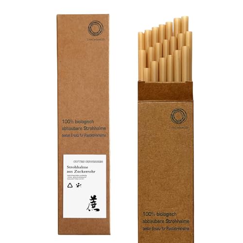 20 Stück Zuckerrohr-Strohhalme – plastikfrei, umweltfreundlich, biologisch abbaubar & kompostierbar | stabil für heiße & kalte Getränke | Alternative zu Plastik-, Papier- & Glasstrohhalmen | 20 cm von LowCarbonLife