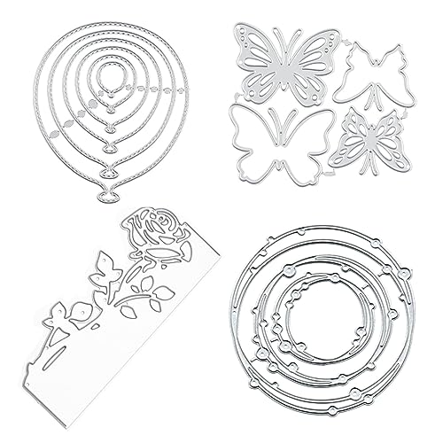 Lowats Metall Stanzschablone Set 4 Stück Set Metall Stanzformen Rose Blume Stanzformen Metall Kreise Stanzschablonen Grußkarte Schmetterling Stanzformen Stanzschablone Kreis für DIY Scrapbook Karte von Lowats