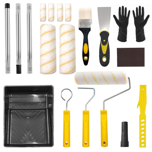 Farbroller-Set, 22,9 cm, 10,2 cm, Farbroller-Set mit Edelstahl-Verlängerungsstange, Farbrollen und Tabletts-Sets, Mikrofaserwalzenabdeckung zum Streichen von Wänden, Decken, Türen, Zierleisten, Räumen von Loxiia