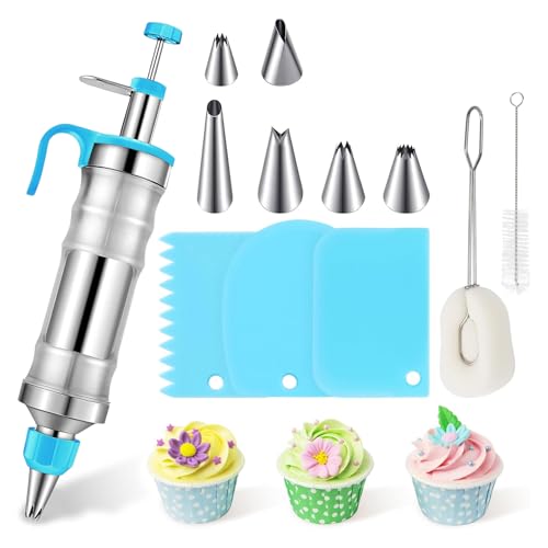 Kuchendekorationswerkzeug-Set, Spritzpistole, Zuckerguss-Spritztüllen, Kuchencreme-Dekorationswerkzeug, Edelstahl, einfaches Kuchendekorationsset, Ersatz für Spritzbeutel und Spritztüllen (blau) von Loxiia