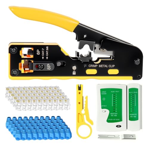 Pass Through RJ45 Crimp Tool, Ethernet Crimpzange mit 50pcs CAT6 Pass-Through-Steckern und Netzwerkkabeltester, Cat5 Cat5e Cat6 Crimpzange Kit, unterstützt Abisolieren & Schneiden Pass Through RJ45 Crimp Tool, Ethernet Crimpzange mit 50pcs CAT6 Pass-Through-Steckern und Netzwerkkabeltester, Cat5 Cat5e Cat6 Crimpzange Kit, unterstützt Abisolieren & Schneiden von Loxiia