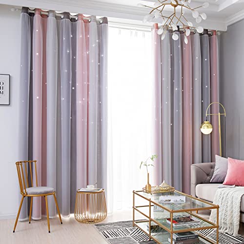 Loyala Sterne Vorhänge für Kinder, doppellagig, Sternausschnitte, gestreifte Vorhänge, Regenbogen-Fensterdekoration, Dekoration für Schlafzimmer, 2 Paneele, Grau Pink, 132 x 213 cm von Loyala