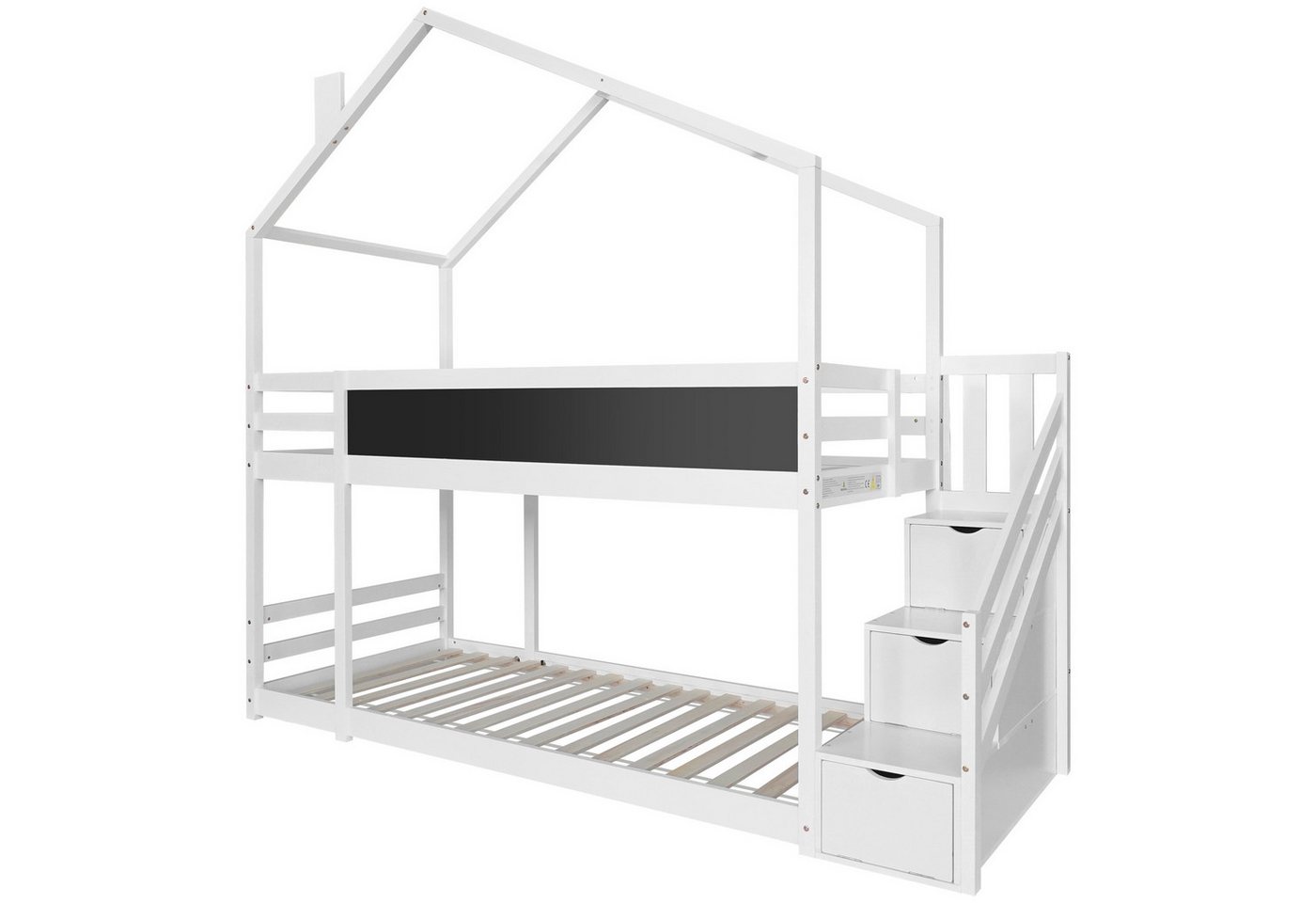 Loywe Etagenbett Kinderbett Baumhaus mit Treppe (Set, 1-St., mit Speicherung und Rausfallschutz, ohne Matratze), 90 x 200 cm, Hochbett für Kinder inkl.Tafel - 2x Lattenrost- Weiß von Loywe