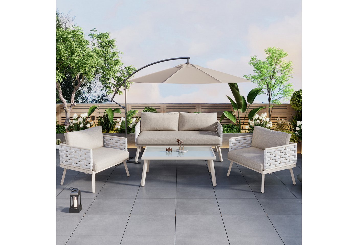 Loywe Gartenlounge-Set Gartenmöbel-Set mit verzinktem Stahlgestell, (Set, 4-tlg., 1 x 2-Sitzer-Sofa, 2 x Einzelstühle, 1 x Tisch), Polyrattan, Tischplatte aus Glas, Fußhocker und Sofa, mit Kissen von Loywe