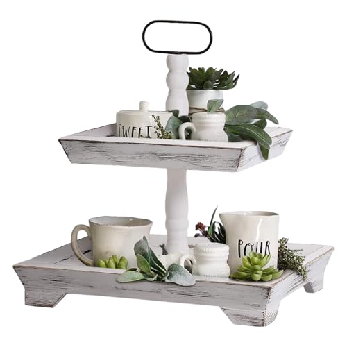 Lpoppcx 2-Etagen Tablett | Holz Zweistufiges Serviertablett mit Metallgriff,Rechteckiger Rustikaler Halter Für Küche Haushalt Kuchen Obst Dessert von Lpoppcx